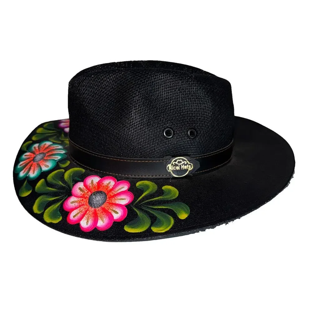 Hand Painted Mexican Artisan Fedora Black Straw Floral Bird Wide Brim Hat
